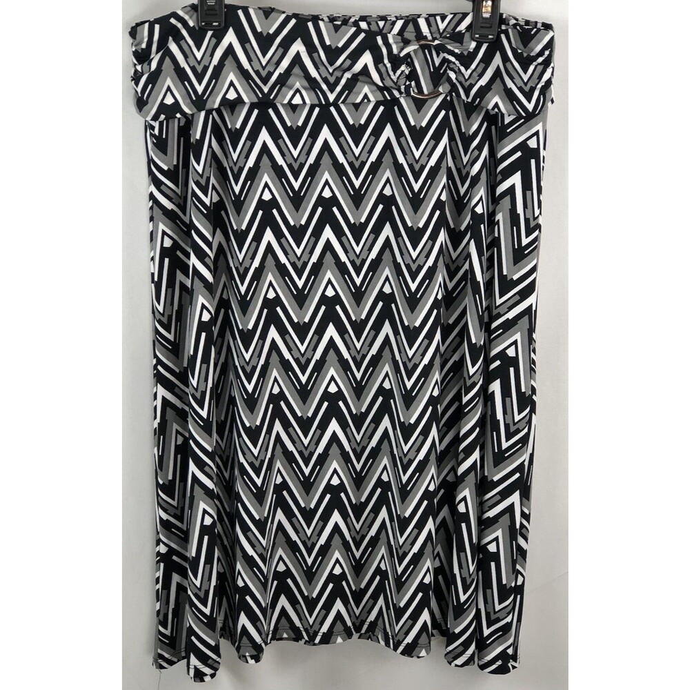 Robert Louis Midi Skirt XL Blk Gray Geo Ruched Belt Elastic 34”W A-line Flare